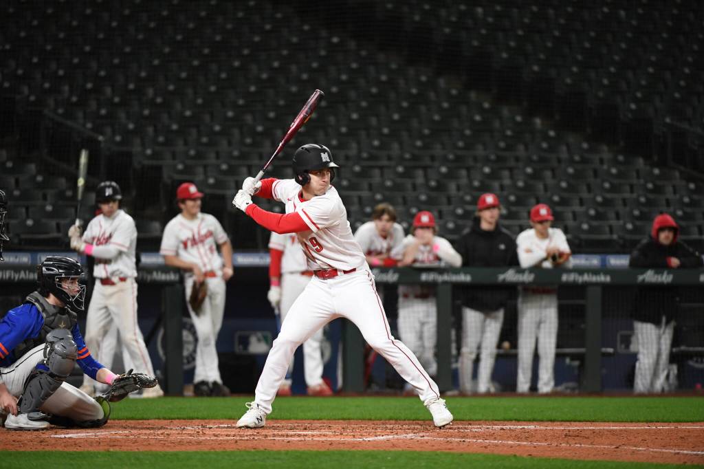 Photo courtesy of Calder Productions. Junior Liam Christensen bats against Eastside Catholic on March 19.