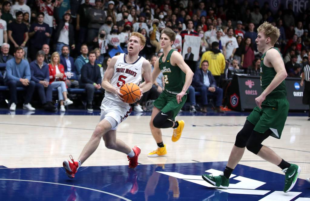 Jabe Mullins with Saint Mary’s men’s basketball vs. USF, Feb. 17, 2022. Photo by Todd Fierner/SMC Athletics