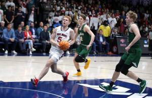 Jabe Mullins with Saint Mary’s men’s basketball vs. USF, Feb. 17, 2022. Photo by Todd Fierner/SMC Athletics