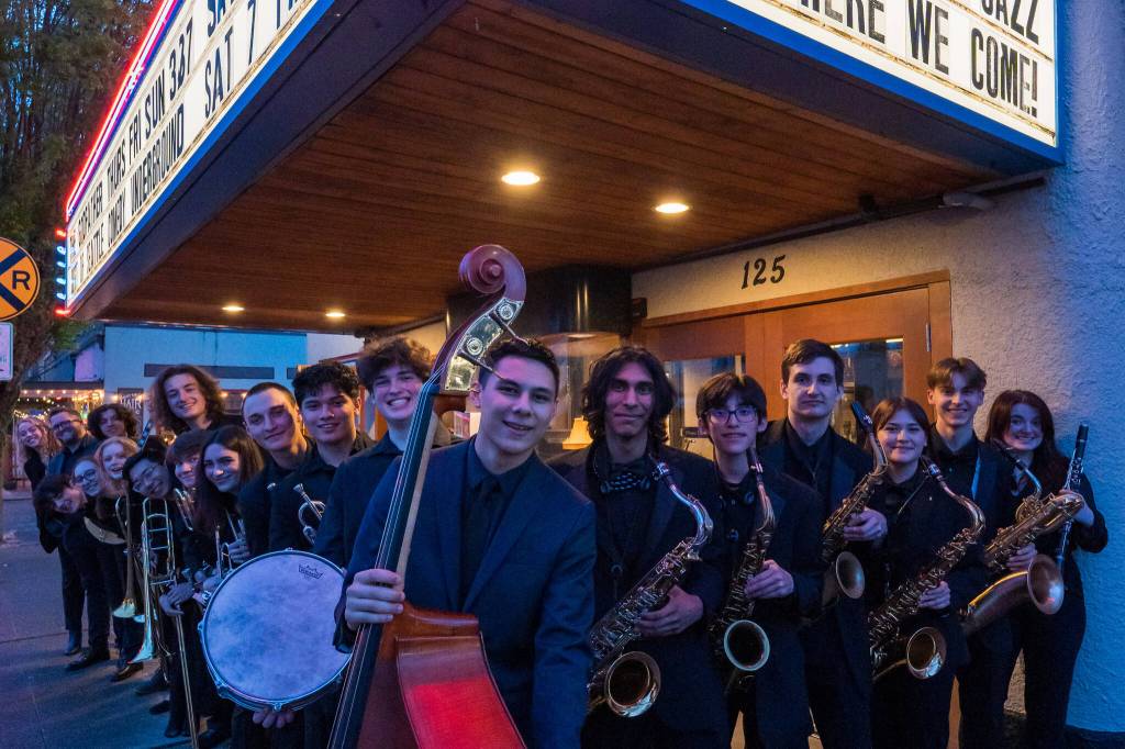 Photo courtesy of Dennis Pearce. Mount Si High Schools Jazz Band after a send-off performance at the North Bend Theater.
