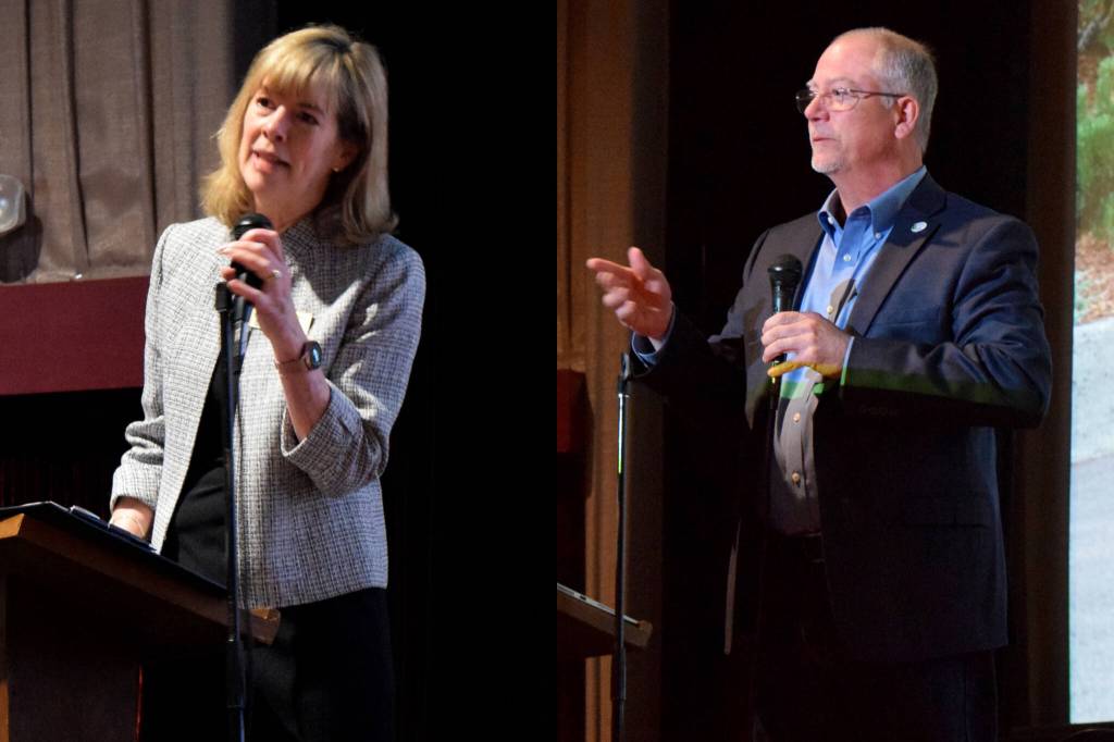 Snoqualmie Mayor Katherine Ross (l) and North Bend Mayor Rob McFarland deliver their annual State of the City presentations in front of SnoValley Chamber of Commerce members at the North Bend Theater on April 27. Photos Conor Wilson/Valley Record.