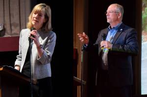 Snoqualmie Mayor Katherine Ross (l) and North Bend Mayor Rob McFarland deliver their annual State of the City presentations in front of SnoValley Chamber of Commerce members at the North Bend Theater on April 27. Photos Conor Wilson/Valley Record.