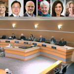 Screenshot of April 5 Edmonds City Council meeting. Inset (L-R): Mayor Mike Nelson and council members Kristiana Johnson, Will Chen, Neil Tibbott, Diane Buckshnis, Vivian Olson, Susan Paine and Laura Johnson. (City of Edmonds)