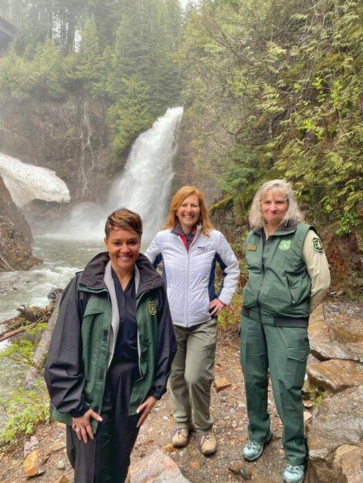 USDA Deputy Secretary Jewel Bronaugh (left) and U.S. Rep. Kim Schrier (center) near Franklin Falls in the Mt. Baker - Snoqualmie National Forest. Courtesy photo