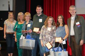 Photo Courtesy of Snoqualmie Valley School District. 2022 educators of the year pose for a photo at Mount Si High School on June 1, during the Small Hands to Big Plans event hosted by the Snoqualmie Valley Schools Foundation. From left: Foundation Board Member Sheri Absher, Foundation President Lorraine Thurston, Teachers: Karen Waters Brown (Twin Falls ), Nick Viera (Mount Si), Robyn Kolke (Parent Partnership Program), Laurie Fitzpatrick (Snoqualmie Elementary) and District Superintendent Lance Gibbon.