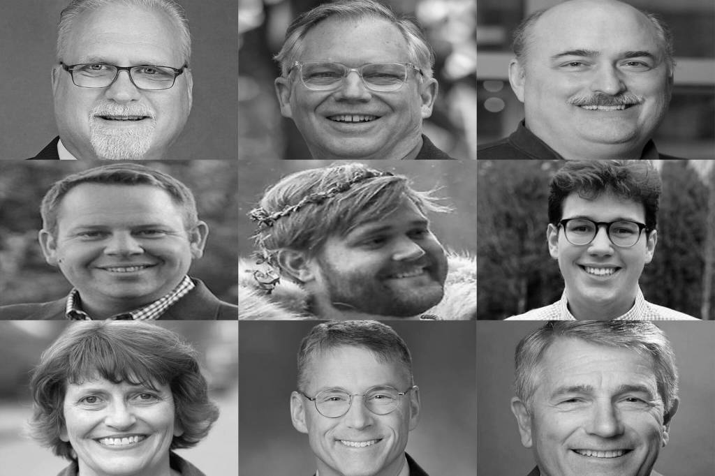 Candidates on the ballot in the 2022 primaries. From upper left: Ken Moninski, Bill Ramos, Robert Amenn, Mike Steele, Austin Bryant, Landon Halverson, Lisa Callan, Chad Magendanz, Keith Goehner. Photos courtesy of King County elections.