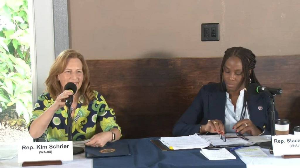 Photo courtesy of U.S Reps U.S. House Agriculture Committee. and members of the House Agriculture Committee, Kim Schrier (left), D-Sammamish, and Stacey Plaskett, D-Virgin Islands, listen to state residents at a listening session held at Remlinger Farms on July 22.