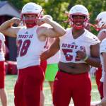 Henry Shrum Spiekermann (l) and Jayden Wells pose for the camera at practice on Aug. 17. Photo by Conor Laffey/SVSD.