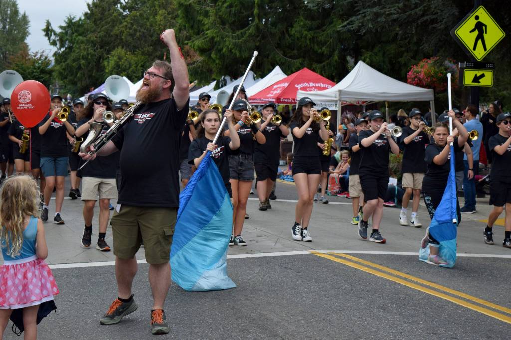 Members of the Mount Si High School Band march along Railroad Avenue. Photo Conor Wilson/Valley Record.