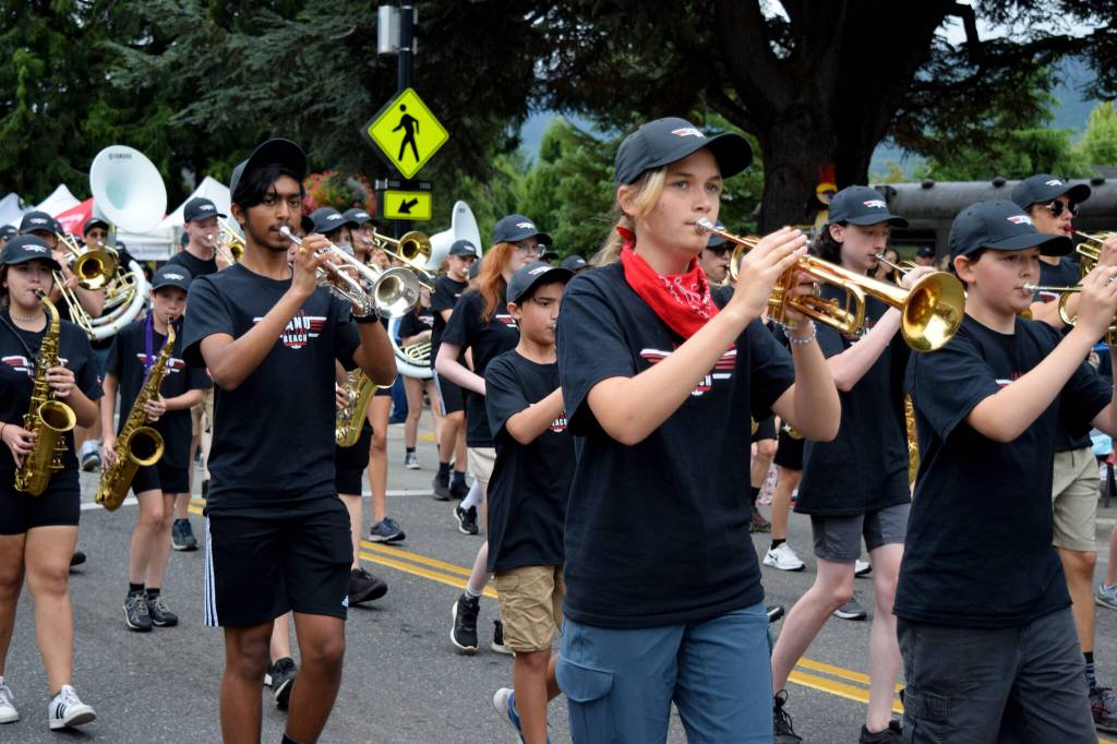Mount Si High School Bands trumpet section during the Railroad Days Parade. Photo Conor Wilson/Valley Record.