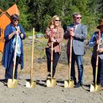 Elected officials prepare to break ground on the State Route 18/I-90 interchange project. From left: Snoqualmie Mayor Katherine Ross, State Rep. Lisa Callan, U.S. Rep Kim Schrier, State Sen. Mark Mullet, Snoqualmie Tribal Chairman Robert de los Angeles. Photo by Conor Wilson/Valley Record