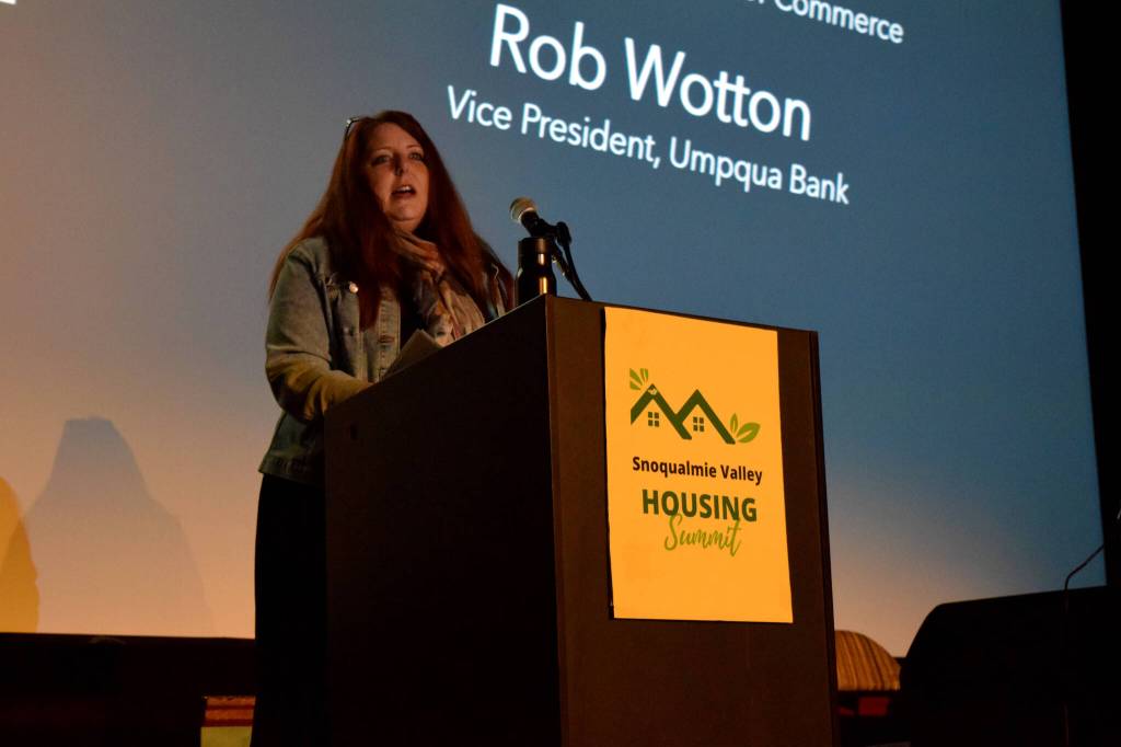 Kelly Coughlin, SnoValley Chamber of Commerce CEO, speaks at the Snoqualmie Valley Affordable Housing Summit on Sept. 22. Photo by Conor Wilson/Valley Record