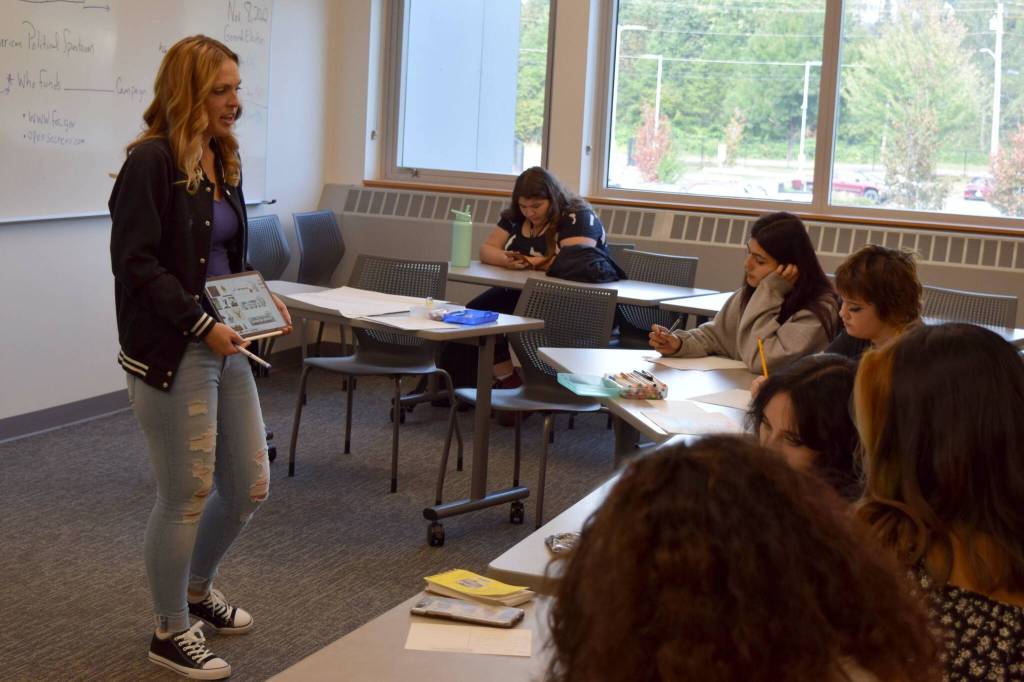 Sarah Hughes speaks with students at Two Rivers High School.
Conor Wilson
Valley Record,