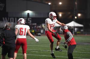 Junior outside linebacker Frank Kissick celebrates after a fumble recovery in Mount Sis Oct. 17 loss to Eastlake. Photo Courtesy of Calder Productions.