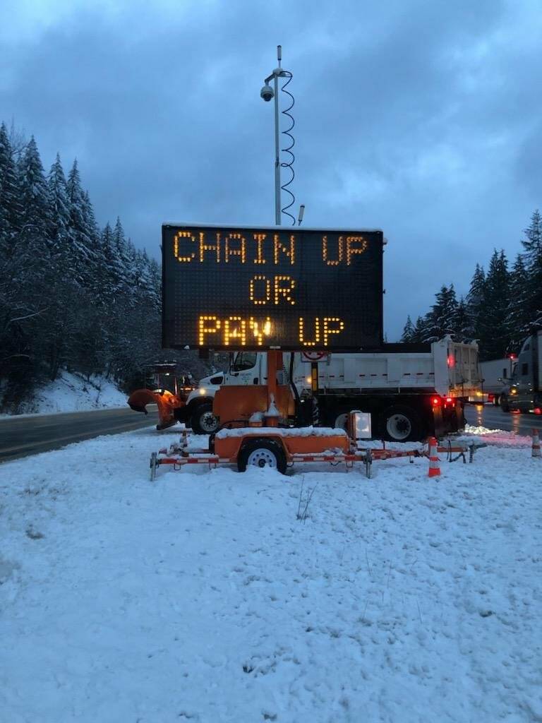 Drivers who dont use chains on their tires in Snoqualmie Pass can face a $500 fine. Courtesy of WSDOT