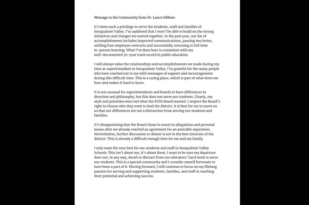 A statement from former Snoqualmie Valley School Distirct Superintendent Lance Gibbon.