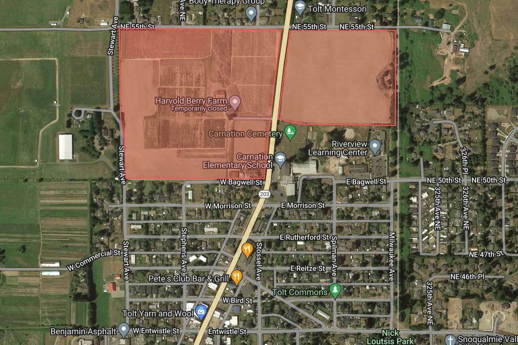 A map of Carnation with the Harvold Trust Property outlined in red.