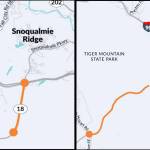 Maps of the two constructions projects on State Route 18. Left: the I90/SR 18 interchange project. Right: The 5 mile widening project near Tiger Mountain. Courtesy images.