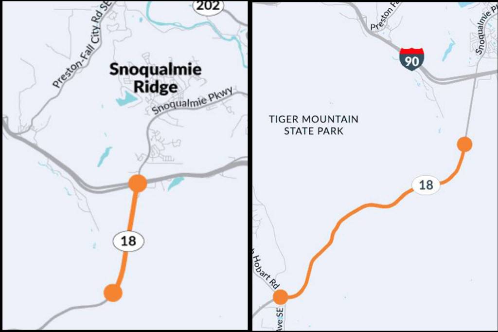 Maps of the two constructions projects on State Route 18. Left: the I90/SR 18 interchange project. Right: The 5 mile widening project near Tiger Mountain. Courtesy images.