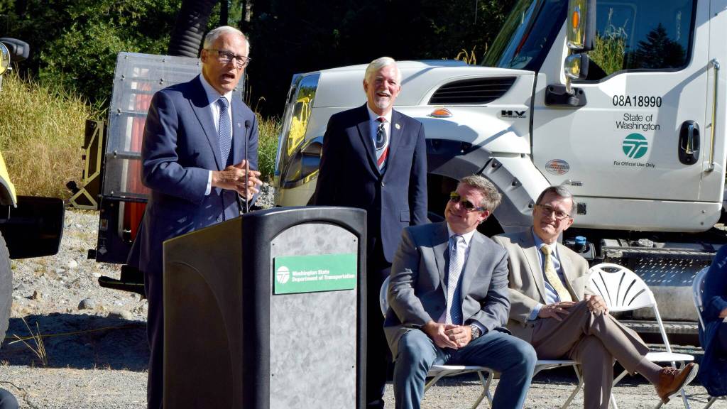 Gov. Jay Inslee speaks at the I-90/State Route 18 interchange ceremony last fall. File photo by Conor Wilson/Valley Record