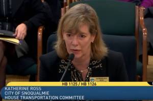 A screenshot of Snoqualmie Mayor Katherine Ross testifying on funding for State Route 18 construction in front of the Washington House Transportation Committee in Olympia on Jan. 12. Courtesy photo.