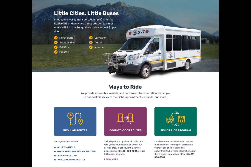 The homepage of Snoqualmie Valley Transportations new website at svtbus.org. Courtesy image.