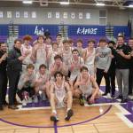 The Mount Si Boys Basketball team celebrates winning the KingCo League title on Feb. 4 at Lake Washington High School. Photo courtesy of Calder Productions.