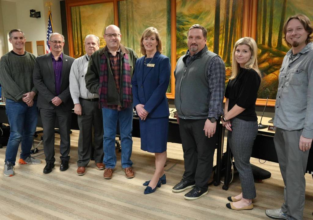Snoqualmie City Council. From left: Ethan Benson, Rob Wotton, Bryan Holloway, James Mayhew, Mayor Katherine Ross, Matt Laase, Cara Christensen, Jolyon Johnson. (Courtesy of City of Snoqualmie)