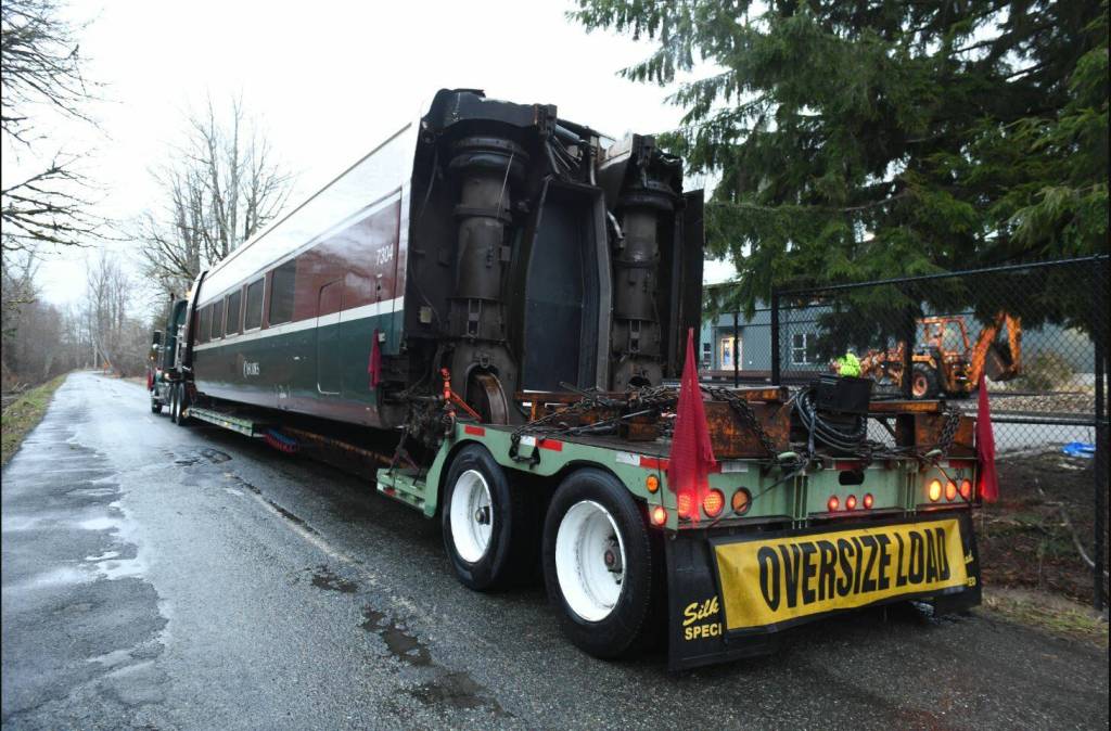 The only surviving Amtrak Cascades Talgo Series VI car, Bistro Car #7304, arrives in Snoqualmie. Photo Courtesy of the Northwest Railway Museum.