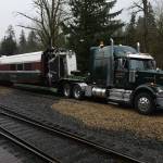 The only surviving Amtrak Cascades Talgo Series VI car, Bistro Car #7304, arrives in Snoqualmie. Photo Courtesy of the Northwest Railway Museum.