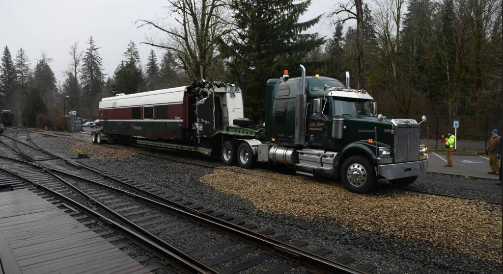 The only surviving Amtrak Cascades Talgo Series VI car, Bistro Car #7304, arrives in Snoqualmie. Photo Courtesy of the Northwest Railway Museum.