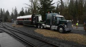 The only surviving Amtrak Cascades Talgo Series VI car, Bistro Car #7304, arrives in Snoqualmie. Photo Courtesy of the Northwest Railway Museum.