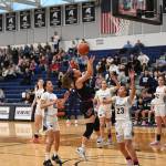 Grace Turley takes a shot in Mount Sis loss to Bellarmine Prep on Feb. 25. Turley was named the KingCo League Co-Defensive Player of the Year. Photo courtesy of Calder Productions.