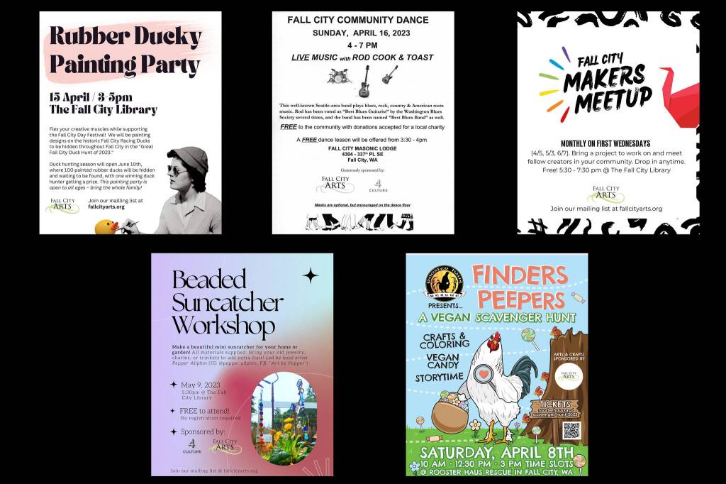 Posters for upcoming events hosted by Fall City Arts. Courtesy Image.