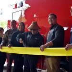 Snoqualmie Tribal Chairmen Robert de los Angeles (center) cuts a ribbon to celebrate the new emergency aid vehicle alongside members of the Snoqualmie Tribal Council.  From left: Shauna Shipp-Martinez, Christopher Castleberry, Melynda Digre, Robert de los Angeles, Steve de los Angeles, David Maddock.  All photos Conor Wilson and William Shaw/Valley Record.