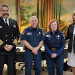Courtesy of the City of Snoqualmie
Catherine Cotton, center right, poses for a photo after learning about her lifetime achievement award. From left: Fire Chief Mark Correira, Robert Angrisano, Cotton and Snoqualmie Mayor Katherine Ross.