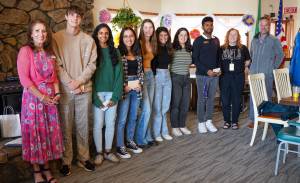 The Rotary Club of the Snoqualmie Valley recognized nine Mount Si seniors as 2023 Students of the Quarter on May 25.
From left: Rotary President Sandra Ramsey, Parker Jones, Srimedha Thummala, Maya Falodia, Clara Eide, Summer Luma, Sofia Marchione, Rohan Raj, Mount Si Principal Deb Hay, Superintendent Dan Schlotfeldt. Photo Courtesy of the Snoqualmie Valley School District.