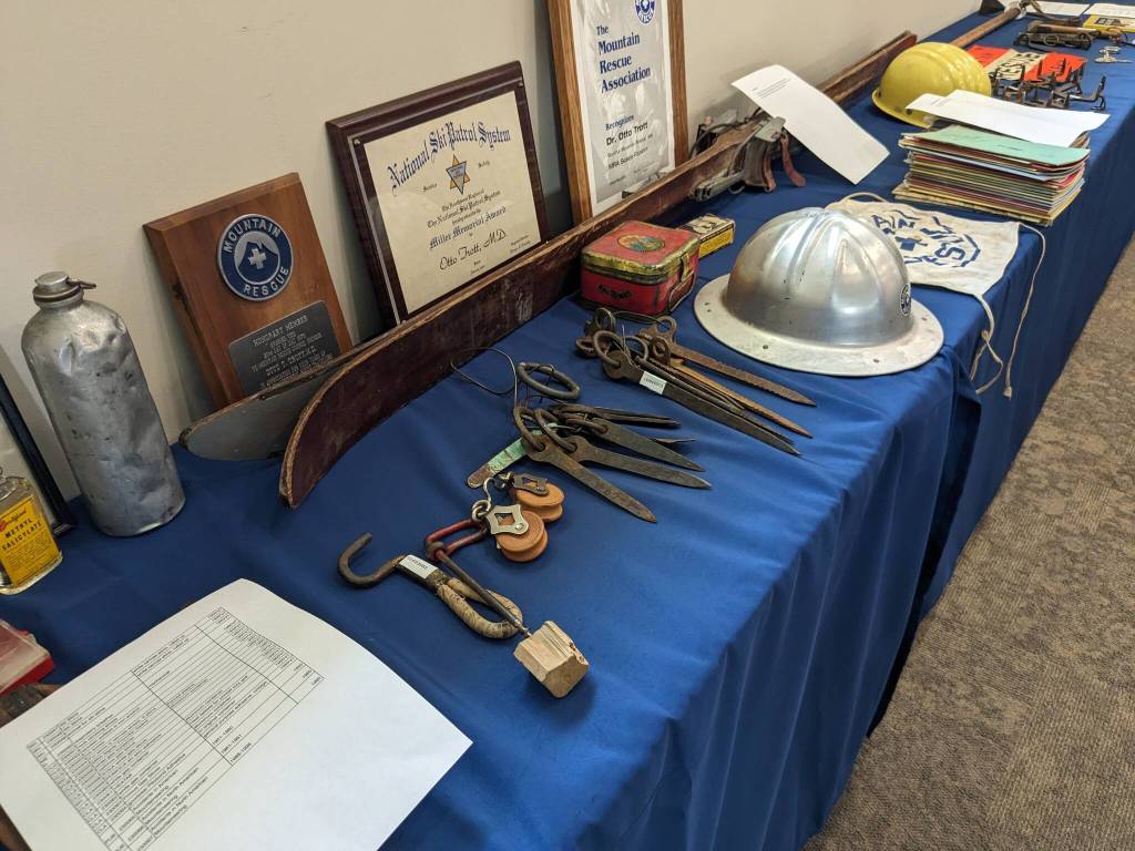 Old gear displayed at the Mountain Rescue Center.