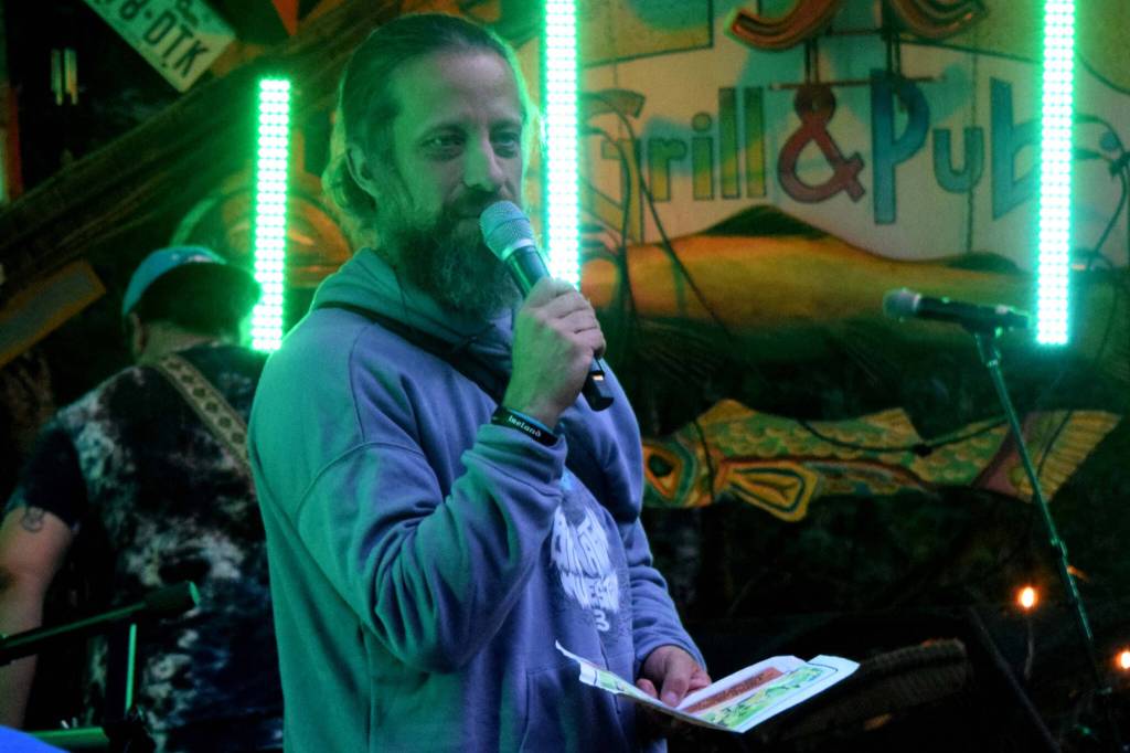 Morgan Henley, founder and organizer of the BrodieNation Music Festival, speaks to the crowd between sets.