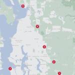 A map of the Snoqualmie Tribes seven stops along the Canoe Journey.