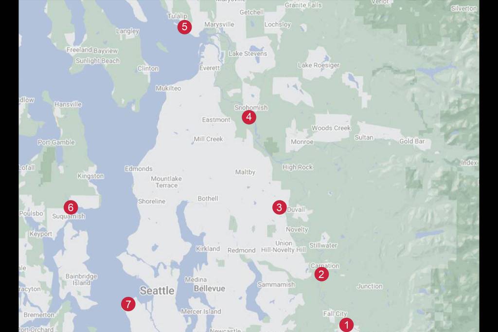 A map of the Snoqualmie Tribes seven stops along the Canoe Journey.