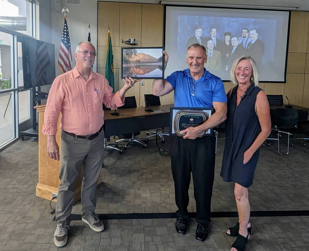 North Bend Mayor Rob McFarland (left) poses with former Councilmember Ross Loudenback and Councilmember Mary Miller. Courtesy photo.