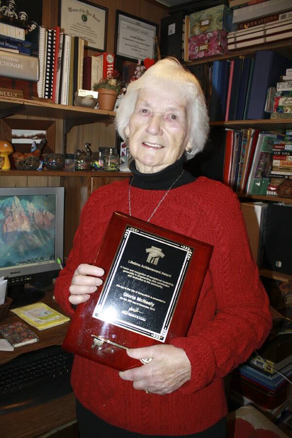File Photo
Gloria McNeely poses with a lifetime achivement award given to her by the city of Snoqualmie.