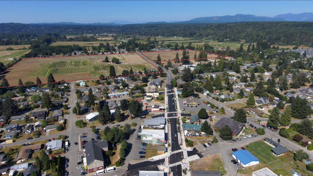 An ariel view of Carnation with the Harvold Trust Property outlined in red. Courtesy photo.