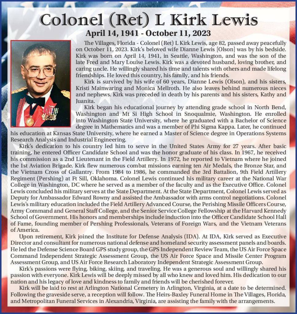 Colonel (Ret) L. Kirk Lewis | Obituary