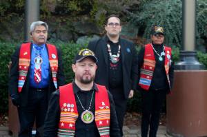 Josh Fackrell (front), an Army veteran, leads the Snoqualmie Tribes Honor Guard in a flag ceremony outside the casino in 2022 File photo by Conor Wilson/Valley Record