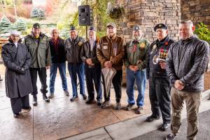 Veterans pose for a photo prior to a Veterans Day flag raising ceremony at the Snoqualmie Casino on Nov. 11. (Photo by David Conger / davidconger.com)