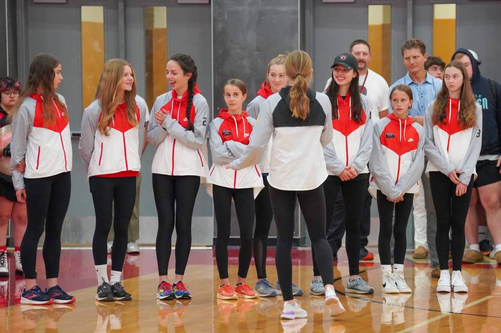 The Mount Si girls cross country team is honored during a school assembly on Nov. 8. Photo courtesy of the Snoqualmie Valley School District.
