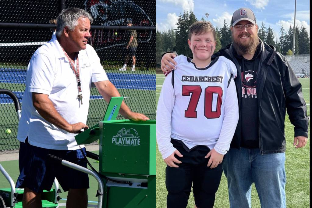 Conor Wilson/Valley Record and Courtesy photo.
Paul Savage, left, coaches the Mount Si tennis team. Brandon Savage, right, poses for a photo with son Jack.