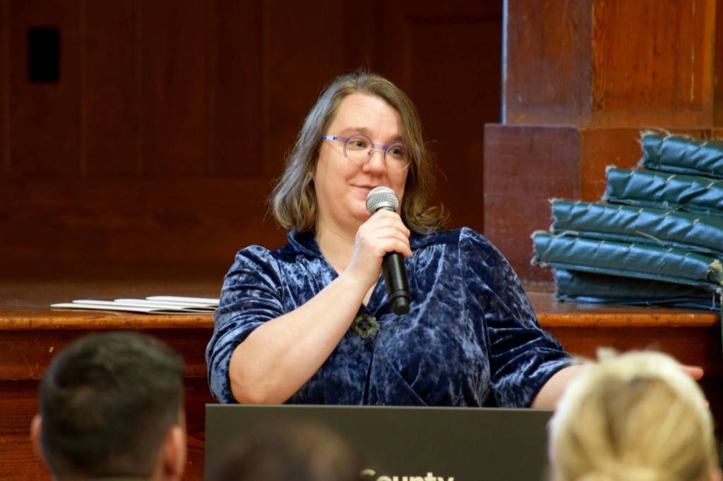 Snoqualmie Valley Historical Museum Assistant Director Cristy Lake speaks at the John D. Spellman Awards.